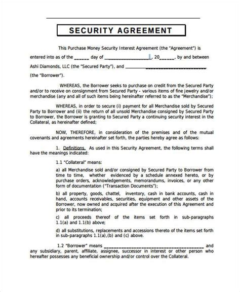 Security agreement form in Word and Pdf formats