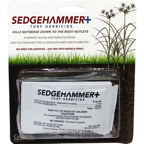 Sedgehammer herbicide. In stock. SEDGEHAMMER is a selective herbicide for post-emergence control of sedges such as purple and yellow nutsedge in established lawns, ornamental turfgrass, and landscaped areas. SEDGEHAMMER may be applied to commercial and residential turf and on other non-crop sites…. Controls yellow and purple nutsedge and certain tough … 