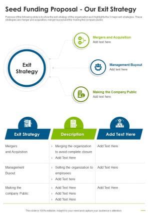 Seed Funding Proposal Our Exit Strategy One Pager Sample Example