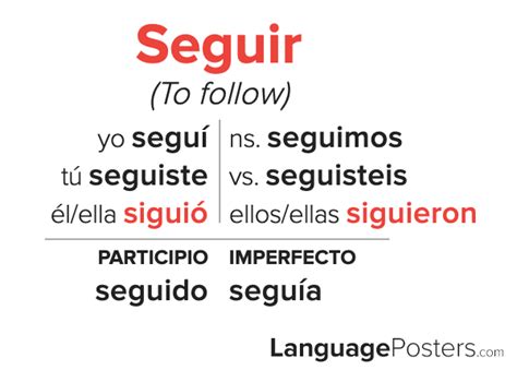 Seguir in preterite. 2. (to understand) a. to follow. No sigo tu lógica. I don't follow your logic. 3. (to comply with) a. to follow. Debes seguir las reglas y no romperlas.You must follow the rules and not break them. 4. (to study) a. to take. 