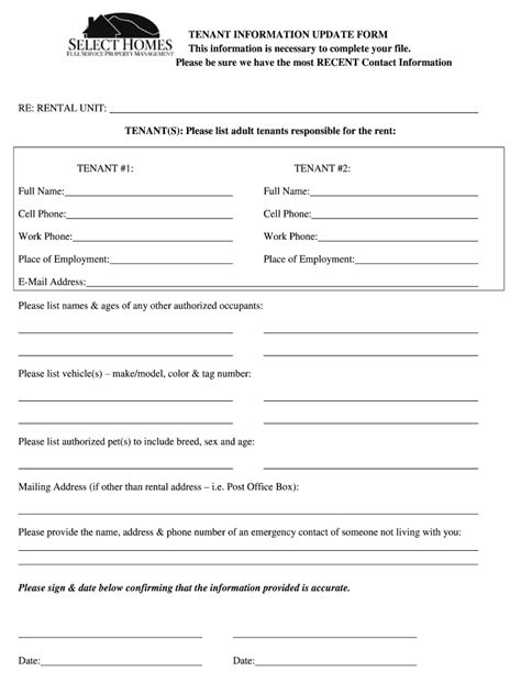 Select Homes Tenant Information Update Form Fill and Sign Printable