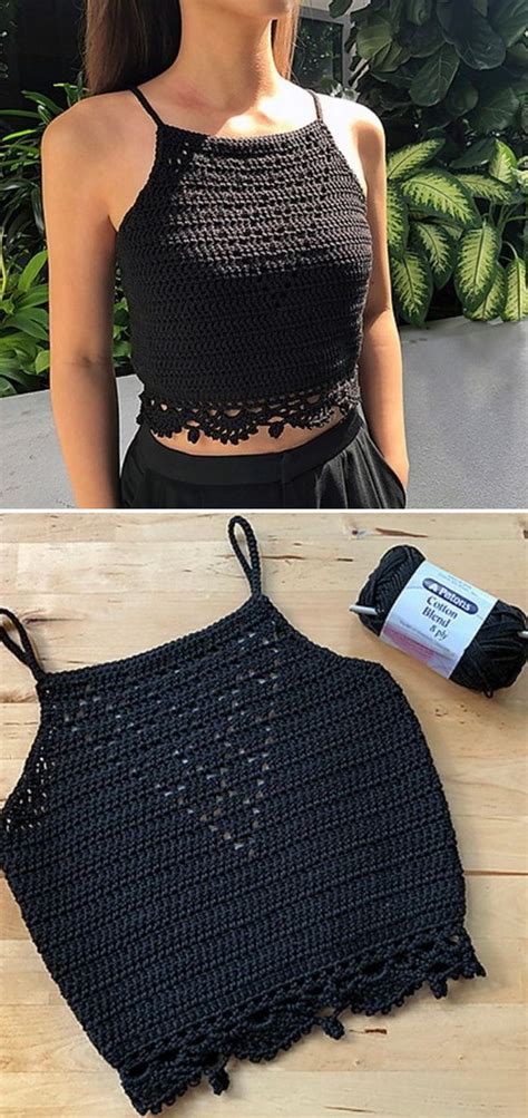 Select Ladies Black Top Medium Halter Neck Handmade Crochet Lace Crop ...