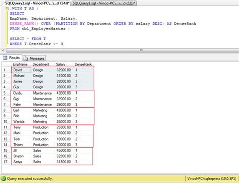 Select Top 3 and nth highest department wise salary from employee master using partition By clause
