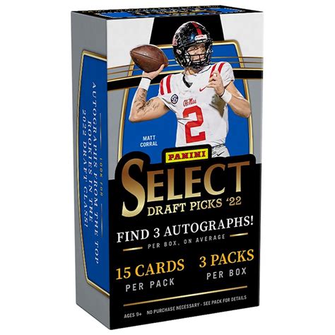 Oct 26, 2022 · The 2022 Panini Select Draft Picks Football checklist also features several insert options. The signed cards fall three to a box. Former standouts are featured in the main Signatures line which adds a few parallels. Rookie-based sets include Rookie Signatures, X-Factor Signatures and Youth Explosion Signatures. . 