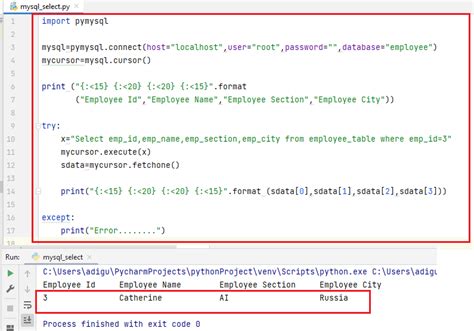 Select query with where clause in python. connector.  It is used to extr...