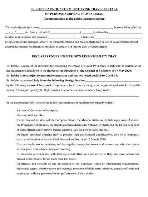 Self Declaration Form Italy Example Self Declaration Form For