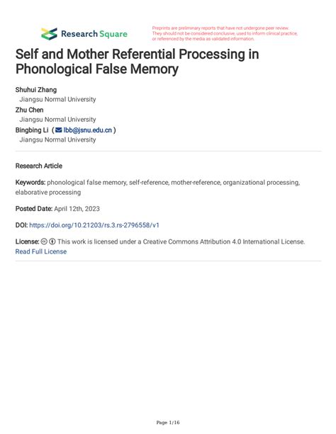 Self and Mother Referential Processing in Phonological False …