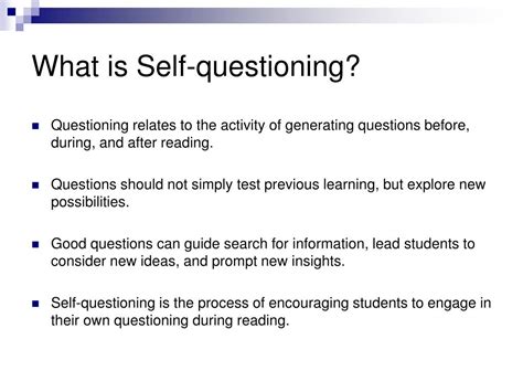 The Self-Questioning Strategy helps students create their own motivation for reading. Students create questions in their minds, predict the answers to those questions, search for the answers to those questions as they read, and paraphrase the answers to themselves. In research studies, students showed average gains of 40 percentage points in .... 