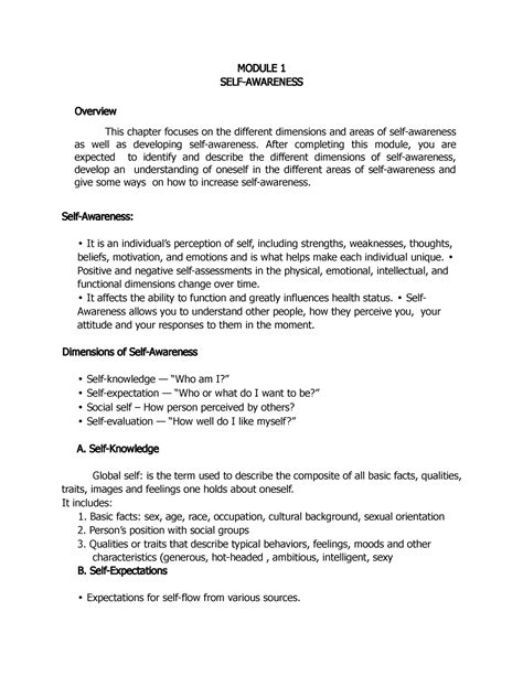 Self-Awareness - Lecture notes 1 - MODULE 1 SELF-AWARENESS …