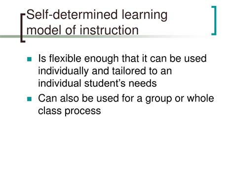 Self-determined learning model of instruction. Abstract. There is a need for a measure that examines teacher roles in implementing the Self-Determined Learning Model of Instruction (SDLMI) to advance … 