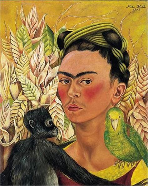 Self-portrait with monkey and parrot