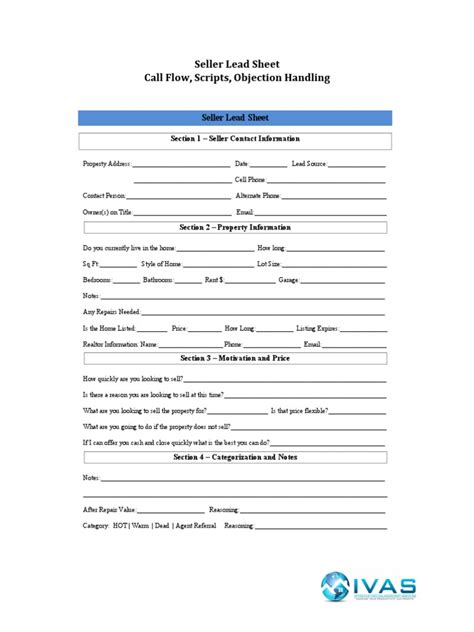 Seller Lead Sheet Process and Scripts Real Estate Broker Sales