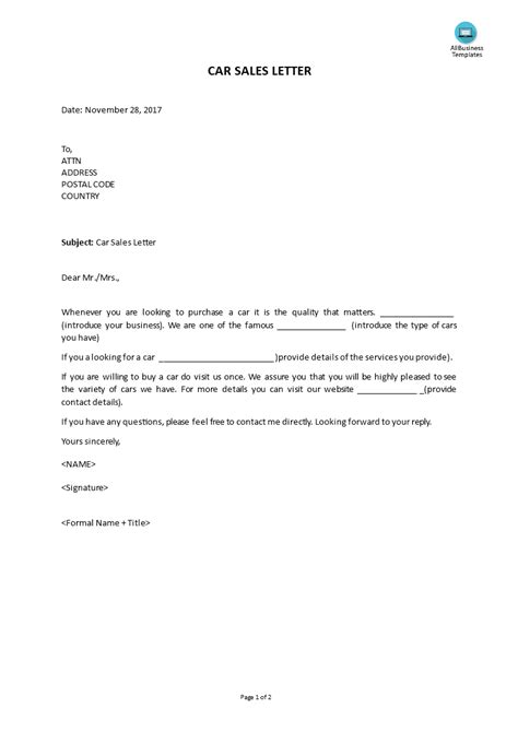 Selling Car Letter Template