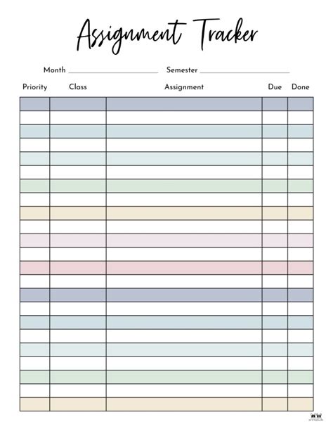 Semester Assignment Spreadsheet Template prntbl