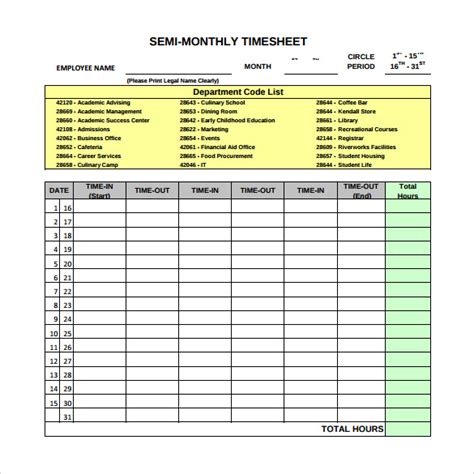 Semi Monthly Timesheet Template Excel SampleTemplatess SampleTemplatess