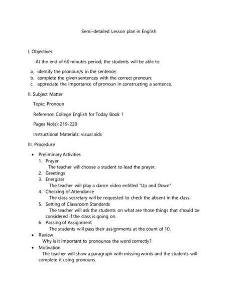 Semi detailed lesson plan about pronoun.  Students then Semi-Detailed L...