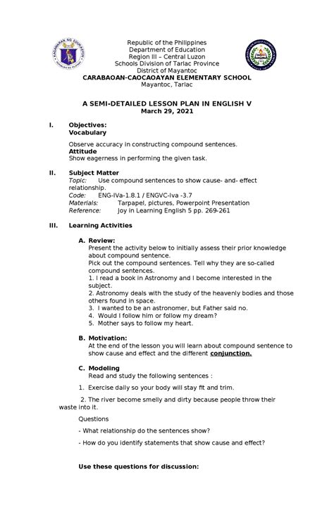 Semi detailed lesson plan english lessons.  It includes objectives to define co...