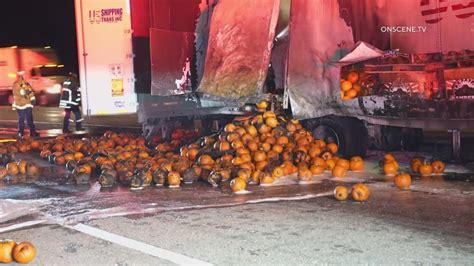 Semi-truck filled with pumpkins bursts into flames on 5 Freeway 