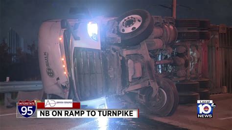 Semi-truck overturned on I-95 NB ramp to Turnpike causes closure