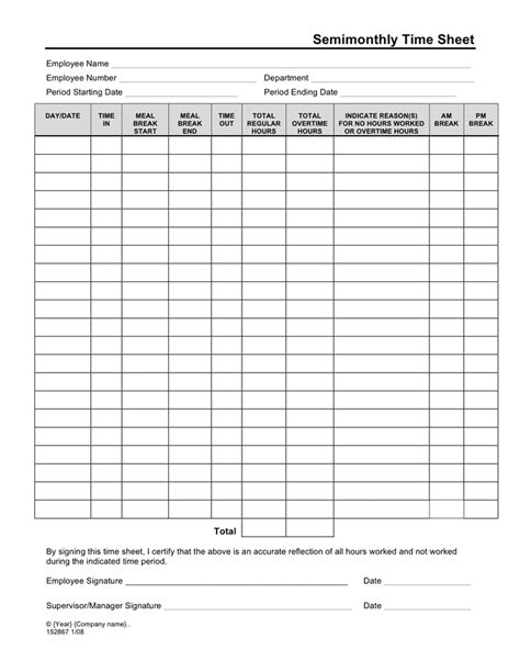 Semimonthly time sheet form in Word and Pdf formats