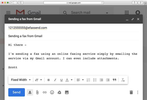 Send a fax from gmail. 1. Compose a new email message. 2. Enter the recipient's fax number. Include the recipient’s fax number in the To field, followed by ‘send.faxsalad.com.’. You must include … 
