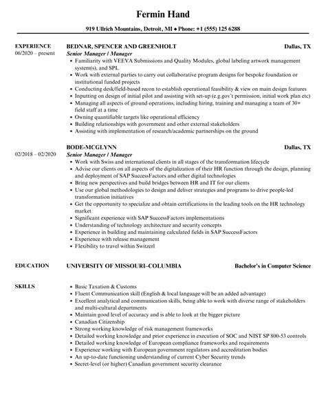 Senior Manager Resume Sample & Template