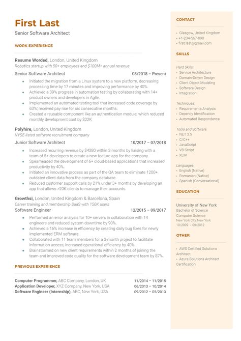 Senior Software Architect Resume Example for 2023 Resume Worded