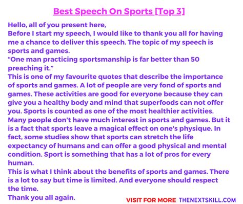 Senior speech ideas for sports. List of School Speech Topics and Ideas. To deliver your school speech, you can choose an informative speech topic from any area such as environment, politics, health, sports, technology, etc. Below we have listed some interesting school speech topic ideas for you in different categories. 