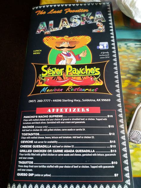 Senor panchos menu. Specialties: We still believe in old style recipes that have been around for centuries. Our menu of authentic Mexican food consists of everything from meaty tacos to sizzling fajitas, as well as an extensive vegetarian menu. Our famous margaritas are one of the many drink options we offer. Established in 2014. We are Señor Panchos, a family-owned Mexican restaurant located in Prospect, CT ... 