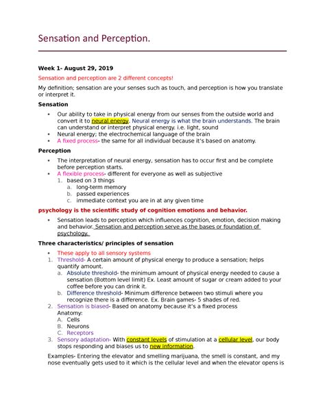 Sensation and Perception Notes - Sensation and Perception NOTES Sensory …