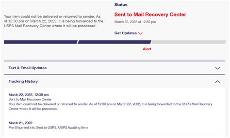 Sent to mail recovery center. DELIVERED DELIVERED: USPS delivered your package without any problems, and a delivery scan recorded the time and date of the delivery PICKED UP: Your recipient picked up the package at their local Post Office 