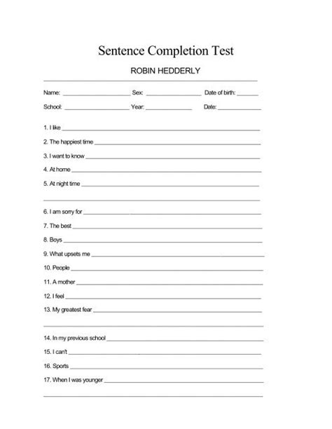 Sentence Completion For Psychological Test Elementary