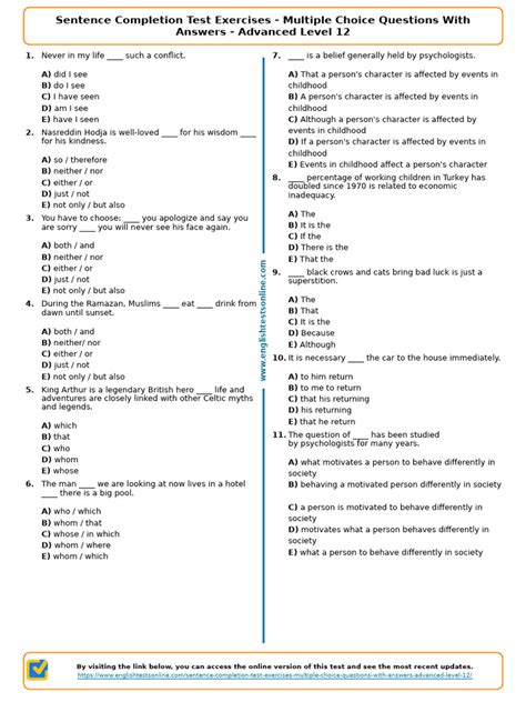 Sentence completion test example.  Different question types are used, chosen f...