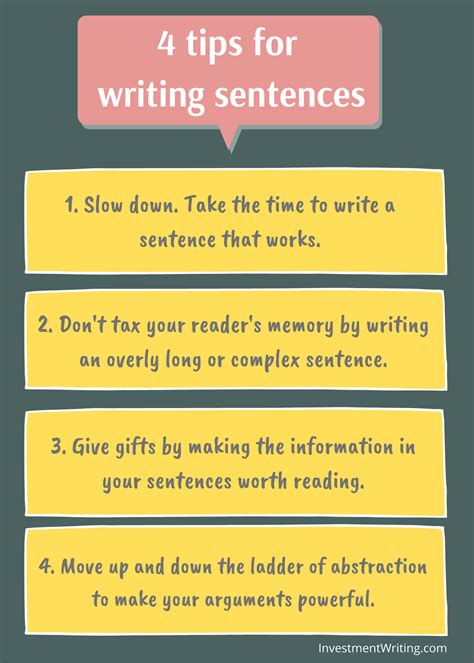 Sentence in writing. Long sentences work well for incorporating a lot of information, and short sentences can often maximize crucial points. These general tips may help add variety to similar sentences. 1. Vary the rhythm by alternating short and long sentences. Several sentences of the same length can make for bland writing. 