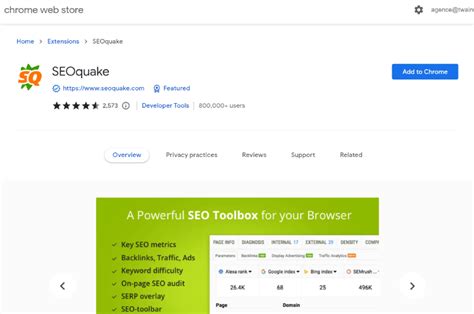 Seoquake extension. SEOquake is a free plugin for your browser that provides you with organic search data at the click of a button. Currently compatible with Mozilla Firefox, Google Chrome and Opera, SEOquake can provide parameters about the listings on a search engine results page. Along with organic research data, SEOquake provides other useful tools including ... 