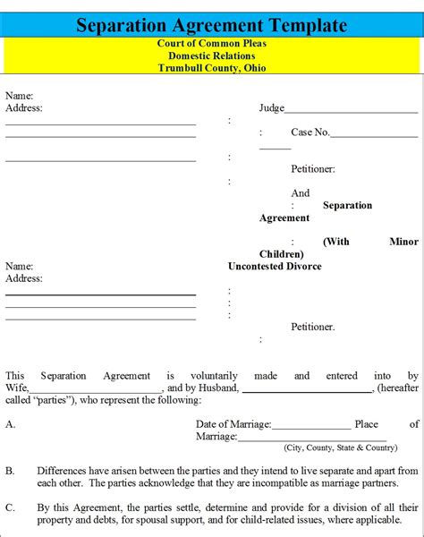 Separation Agreement Template Excel Word Templates