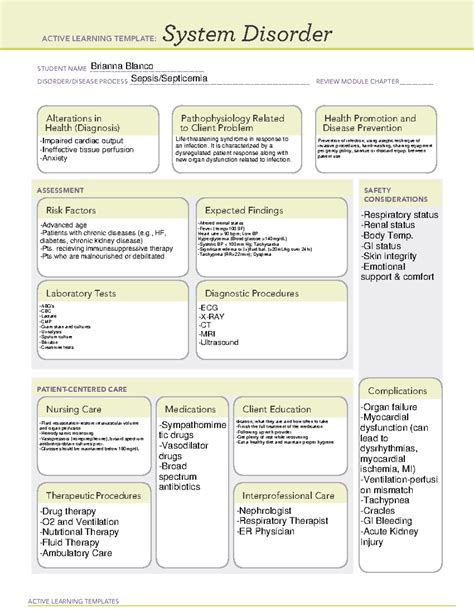 Sepsis System Disorder Worksheet ACTIVE LEARNING TEMPLATES System