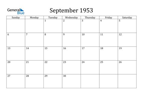 September 1953 Calendar
