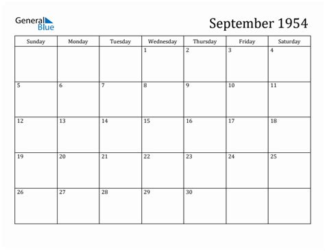 September 1954 Calendar PDF Word Excel