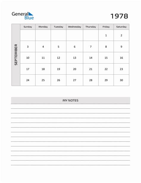 September 1978 Printable Monthly Calendar with Notes