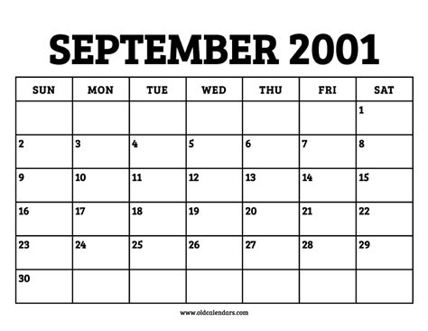 September 2001 Printable Monthly Calendar with Notes