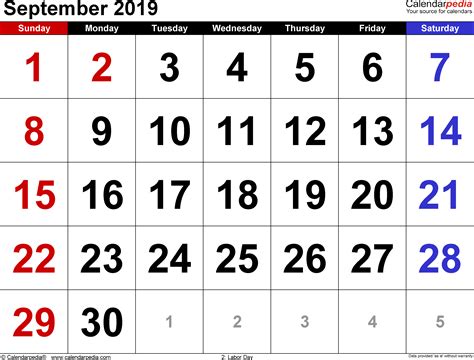 September 2019 Calendar Templates for Word, Excel and PDF