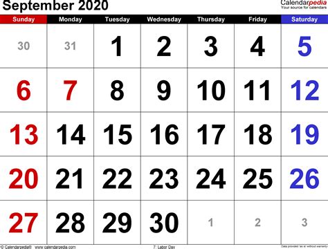 September 2020 Calendars for Word, Excel & PDF