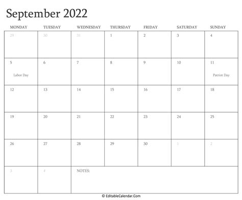 September 2022 Calendar Editable