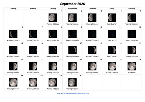 September moon phases 2026.  Full Moon on September 26.  Moon Phase Calendar -...