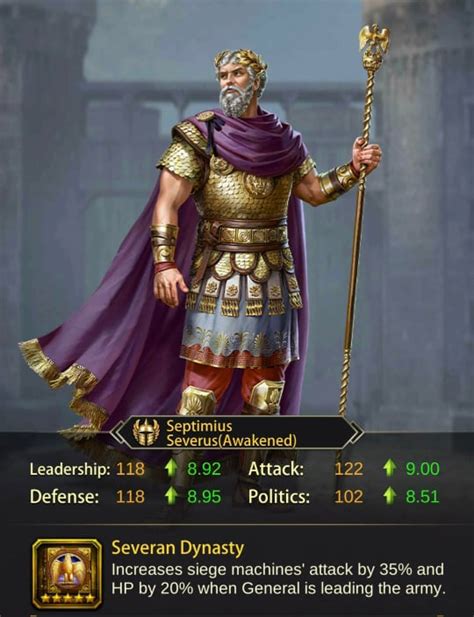 Septimius severus evony. Septimius Severus makes a very effective Evony Siege PvP General. His Siege Attack Buff is very respectable though it must be mentioned that it is let down versus other options due to the inability to add a Siege Attack Skill Book to him. 