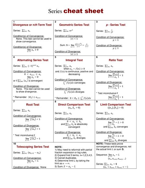 Series cheat sheet Cheat Sheet Mathematics Docsity