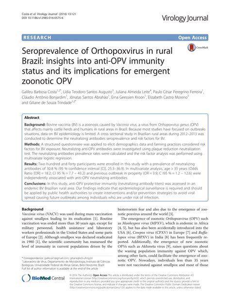 Seroprevalence of Orthopoxvirus in rural Brazil: insights into anti-OPV ...