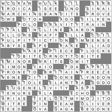Recent usage in crossword puzzles: New York Times - Jan. 30, 2011; New York Times - Jan. 2, 2010; LA Times - Nov. 22, 2008; New York Times - March 10, 2006