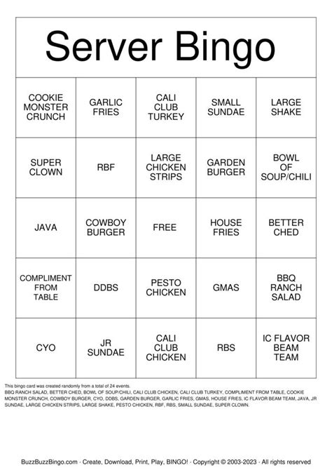Server Bingo Card